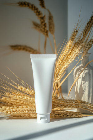 A plain white tube of cream rests next to golden wheat stalks, illuminated by soft sunlight filtering through a window, creating a warm, serene atmosphere in a minimalistic space.の素材