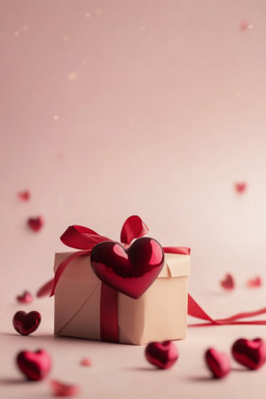 A small gift box wrapped in a red ribbon features a glittery red heart on top, surrounded by heart-shaped confetti on a soft pink surface, creating a romantic atmosphere.の素材