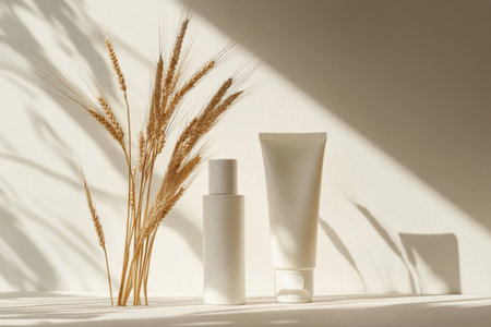 A simple arrangement features a small bottle and a tube beside dried grass. Soft lighting highlights the elegant shapes against a neutral background, creating a calm atmosphere.の素材