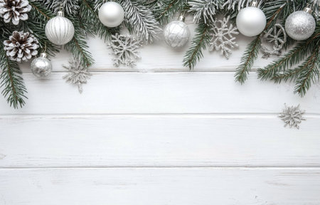 A festive arrangement of silver ornaments and frosted pine branches creates a cheerful atmosphere for the winter holiday season, set against a rustic white wooden background.の素材