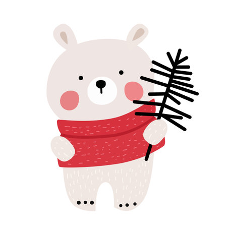 Cute cartoon bear holding a twig, dressed in a red scarf, perfect for winter illustrations and children's designsのイラスト素材