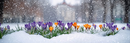 Bright purple and yellow crocuses emerge from the snow, creating a striking contrast in a serene park. Soft snowflakes fall gently around, showing the beauty of early spring amidst winter's chill.の素材