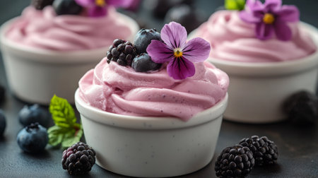 A delightful berry mousse is served in small, elegant cups, topped with vibrant edible flowers and fresh blueberries and blackberries, creating a visually appealing and tasty dessert.の素材
