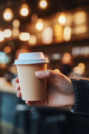 A person is holding a takeout coffee cup in a stylish cafÃ© filled with warm lighting and a welcoming atmosphere. The background features blurred customers enjoying their drinks.の素材