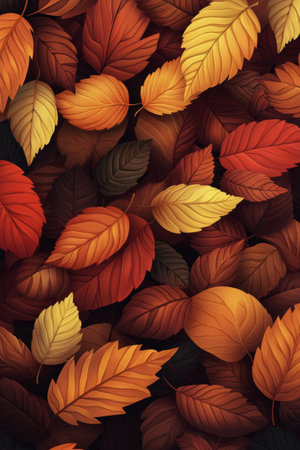 A beautiful array of autumn leaves in various shades of red, orange, and yellow covers the ground, showing the beauty of fall as leaves transition and fall from the trees.の素材