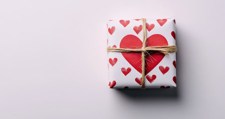 This gift box features a charming heart pattern wrapped in string, resting on a plain white surface, perfect for special occasions and celebrations.の素材