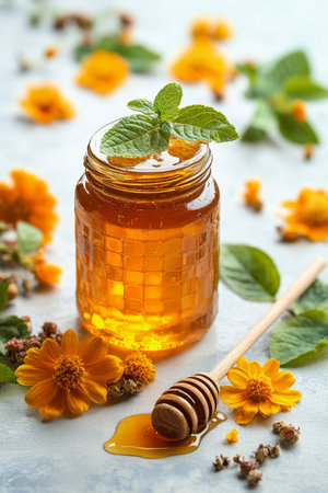 This composition showcases a jar filled with golden honey, drizzled with sweetness, placed among an array of vibrant flowers and lush greenery, creating a warm and inviting atmosphere.の素材