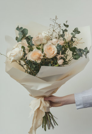 A hand holds a stunning bouquet filled with pastel blooms such as roses, dahlias, and greenery. The elegant arrangement showcases soft colors and varied textures, perfect for any occasion.の素材