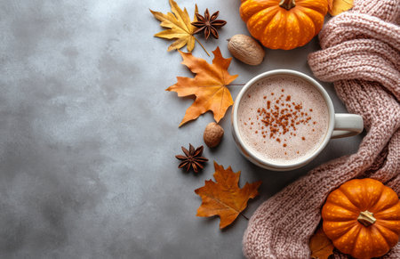 A warm mug of coffee sits beside a small pumpkin, knit sweater, and autumn leaves, evoking a cozy fall atmosphere with neutral tones and seasonal decorations.の素材