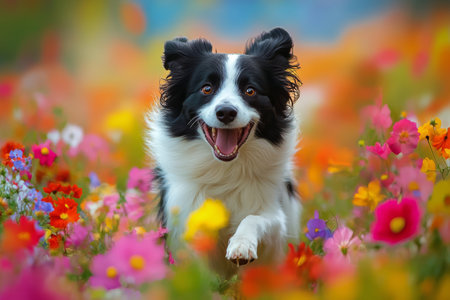 A black and white dog joyfully dashes through a colorful field filled with diverse spring flowers. The bright blooms surround the dog, creating a cheerful and lively atmosphere.の素材