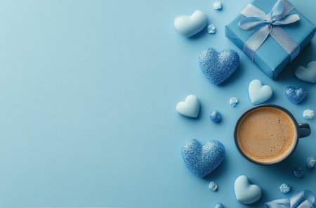A soothing blue background features a cup of coffee surrounded by beautifully wrapped gifts and heart-shaped decorations.の素材