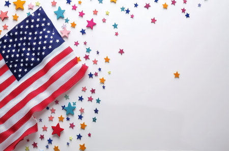 The American flag gracefully waves while red and silver stars are scattered across a light-colored background, creating a festive and patriotic ambiance, perfect for celebrations or events.の素材
