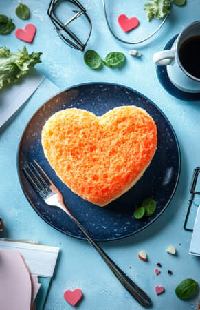 A heart-shaped dish is carefully placed on a textured plate, surrounded by fresh greens, with beverages nearby. The setting is bright and inviting, perfect for a romantic meal.の素材