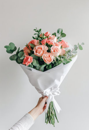 A hand gently holds a stunning bouquet filled with delicate pink roses and white flowers, adorned with greenery, showing the elegance and beauty of floral arrangements.の素材