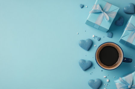 A soothing blue background features a cup of coffee surrounded by beautifully wrapped gifts and heart-shaped decorations.の素材