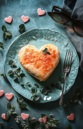 A heart-shaped sandwich, crispy and golden, is placed on a light blue plate. Surrounding it are fresh greens and small decorative hearts, creating a warm atmosphere for a delightful meal.の素材