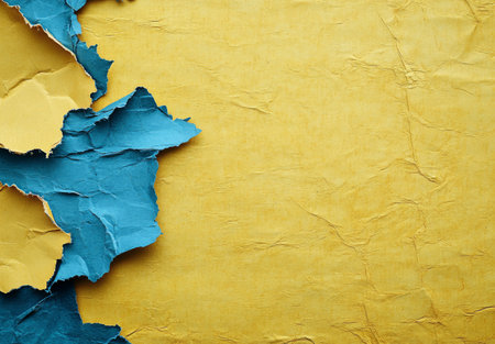 A piece of yellow paper with rough edges has been torn, exposing a bright blue layer underneath. The texture creates an interesting visual contrast that captures attention.の素材