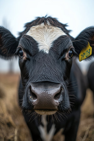 A black and white cow stands closely in a grassy area, its eyes wide and inquisitive. The cloudy sky creates a soft light, capturing the cows details with clarity.の素材