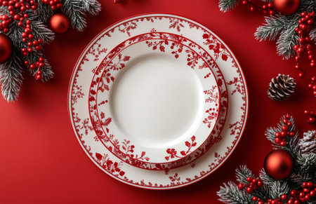 A beautifully arranged holiday table features red and white dishware placed on a vibrant red tablecloth, adorned with evergreen branches and festive ornaments, creating a warm holiday atmosphere.の素材