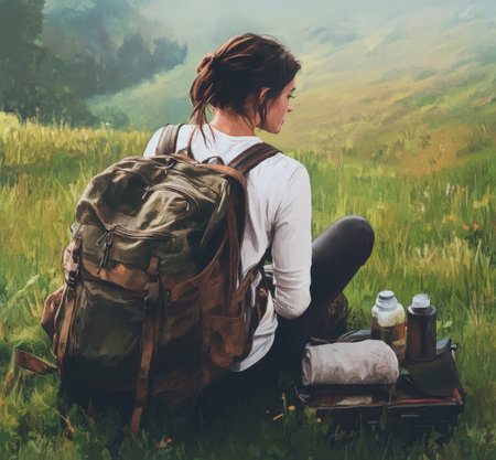 A young woman sits on a grassy hillside, taking a break from her hike. She carries a large backpack and gazes thoughtfully into the distance while enjoying the serenity of nature.の素材