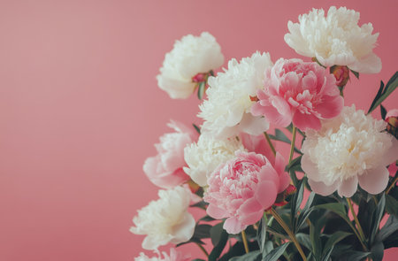 A bouquet of vibrant pink and white peonies stands out against a soft pink backdrop, showcasing their delicate petals and lush greenery, creating a serene and elegant atmosphere.の素材