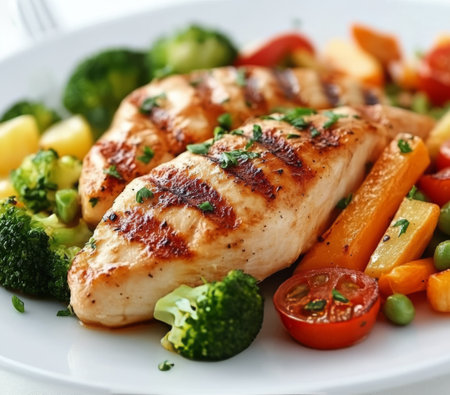 A beautifully arranged meal featuring grilled chicken breast garnished with herbs alongside vibrant roasted vegetables, showing a healthy and appetizing dish perfect for dining.の素材