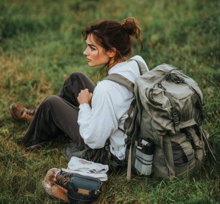 A young woman sits on a grassy hillside, taking a break from her hike. She carries a large backpack and gazes thoughtfully into the distance while enjoying the serenity of nature.の素材