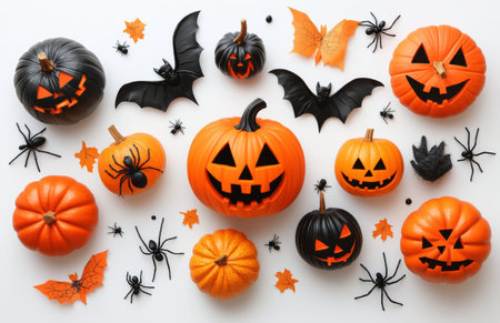 Colorful carved pumpkins with various expressions are arranged among black bats and spiders scattered on a bright white surface, creating a festive Halloween atmosphere.の素材