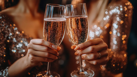 Two women in sparkling dresses clink champagne glasses together, celebrating a joyful moment at a festive evening gathering. The atmosphere is elegant and vibrant, filled with excitement.の素材