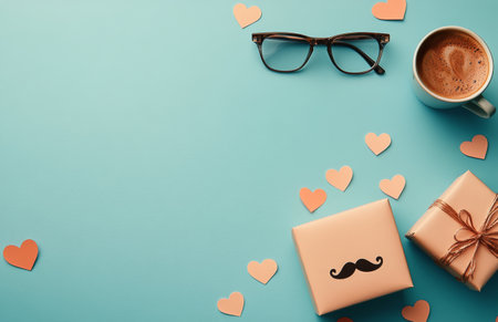 A serene setting features a cup of coffee next to wrapped gifts and heart-shaped decorations, all arranged on a vibrant blue table, perfect for celebrating a cherished moment.の素材