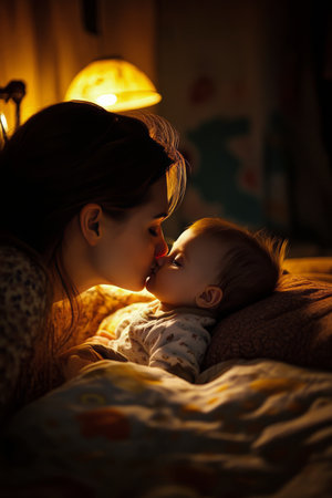 A mother kisses her sleeping child in a peaceful, softly lit bedroom. The atmosphere is warm, highlighting their close bond as they both enjoy a loving embrace at night.の素材