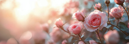 A vibrant display of pink roses flourishes in a sunlit garden, their soft petals illuminated by the warm morning light, creating a serene and joyful atmosphere among the blossoms.の素材