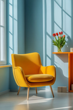 The cozy corner features a vibrant yellow chair paired with a cube shelf and a vase of tulips, all illuminated by warm sunlight filtering through the window.の素材