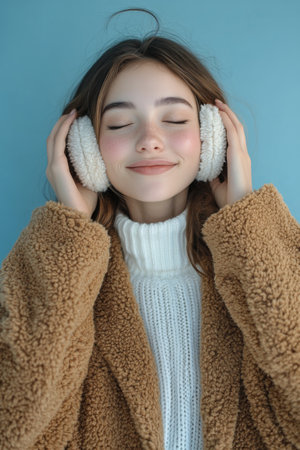 A young woman with long brown hair enjoys the warmth of soft ear muffs and a cozy white sweater. Her smile radiates happiness as she poses against a light blue background.の素材