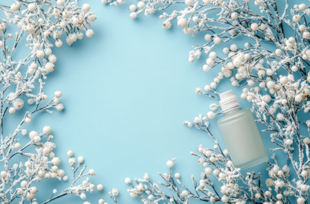 A jar of skincare cream is surrounded by delicate white berries and frosty branches, evoking a serene winter aesthetic on a soft blue backdrop, perfect for seasonal beauty routines.の素材