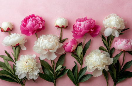 A vibrant display of peonies in shades of pink and white is styled against a soft pink background, showing their lush petals and green leaves. The flowers are neatly arranged in a line.の素材