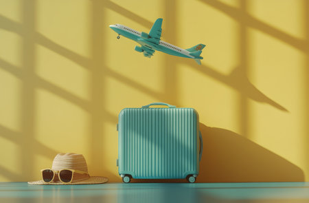 A vibrant indoor setup features a mint green suitcase, a straw hat, and sunglasses arranged against a bright yellow wall, with a model airplane hovering above, casting shadows.の素材