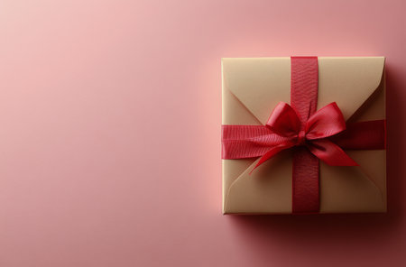 A charming gift box adorned with a red ribbon sits atop a pink surface, accompanied by a heartfelt love letter and scattered red hearts, creating a festive and romantic atmosphere.の素材