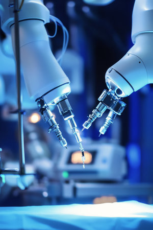 Advanced robotic surgical instruments are ready for use in a contemporary medical facility, showing precision technology and innovation in modern healthcare practices.の素材