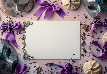 A colorful arrangement features shiny masks, decorated cookies, and vibrant confetti, creating a festive atmosphere perfect for a celebration or party.の素材
