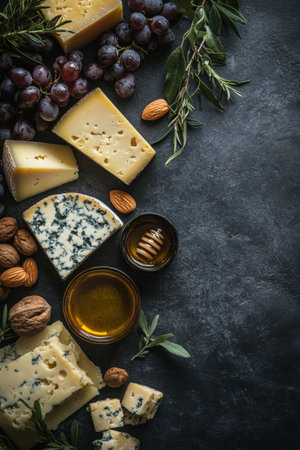 A beautifully arranged platter features various cheeses alongside grapes, nuts, and honey. The rich textures and colors of the spread create an inviting and appetizing display.の素材