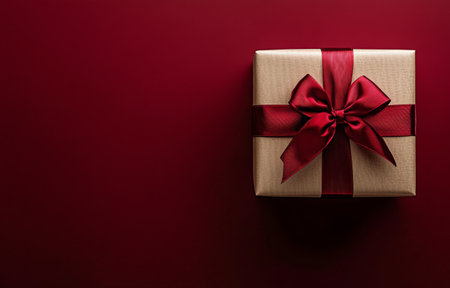 A carefully wrapped gift box featuring a shiny red ribbon rests on a rich, dark red surface, creating a festive and inviting atmosphere perfect for celebrations or special occasions.の素材