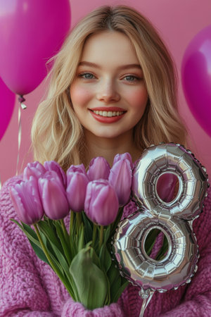 A young girl joyfully holds a bouquet of lavender tulips and a silver balloon shaped like the number eight, surrounded by pink balloons. The cheerful atmosphere captures a birthday celebration.の素材