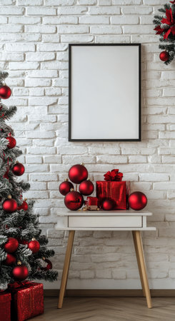 A cozy corner features a blank frame adorned with red ornaments and greenery against a white brick wall. The festive atmosphere is enhanced by gifts and a decorated tree nearby.の素材
