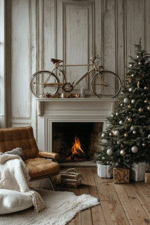 A beautifully decorated living room features a tall Christmas tree beside a warm fireplace. Above the mantel, a vintage bicycle adds charm, while cozy blankets hint at winter warmth.の素材