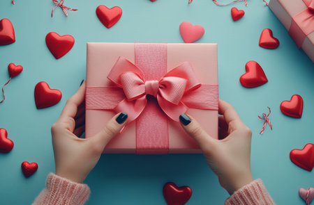 Someone is holding a pink gift adorned with a ribbon, surrounded by red heart decorations on a vibrant blue surface, creating a romantic atmosphere perfect for a special occasion.の素材