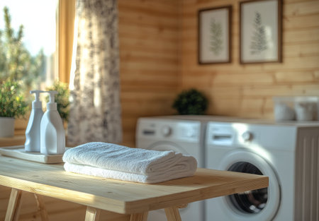 A cozy laundry room features a modern washing machine, neatly stacked towels, and natural light streaming through the window. The wooden walls create a warm, inviting atmosphere.の素材