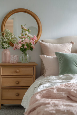 This space features a soft-toned bed with plush pillows, highlighted by stylish floral arrangements in vases. The room exudes a calm and cozy ambiance, ideal for relaxation.の素材