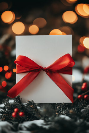 A wrapped present with a bright red ribbon is placed amongst evergreen branches and glowing lights, evoking a warm, festive atmosphere perfect for holiday celebrations.の素材