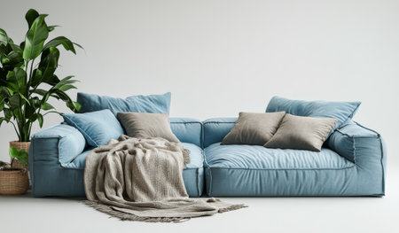 A modern blue sectional sofa is adorned with various pillows and a cozy throw blanket, positioned beside a lush green plant in a minimalistic setting, creating a relaxing atmosphere.の素材